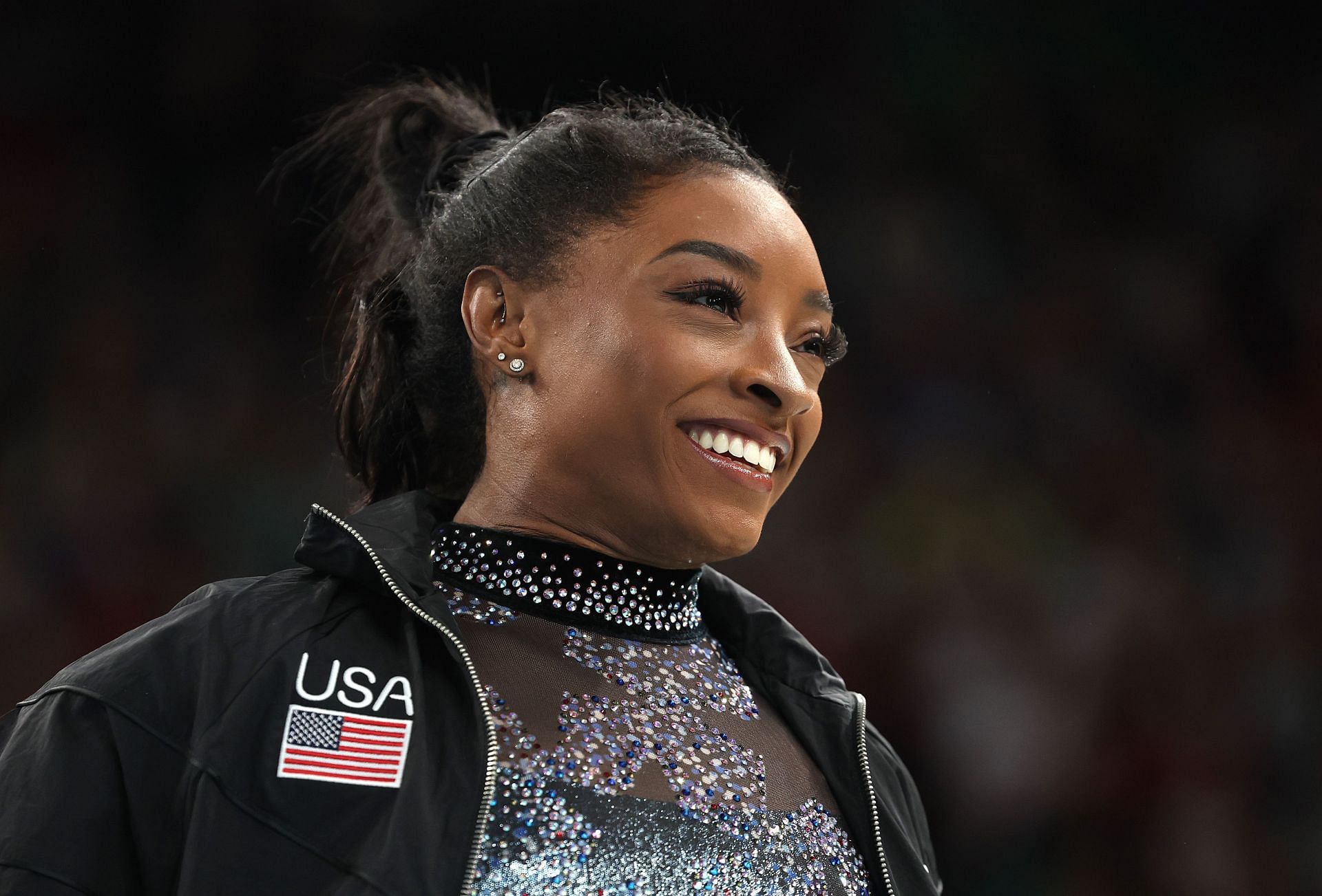 Simone Biles of Team United States looks on during Qualification at the Olympic Games 2024 in Paris, France. (Photo by Getty Images)