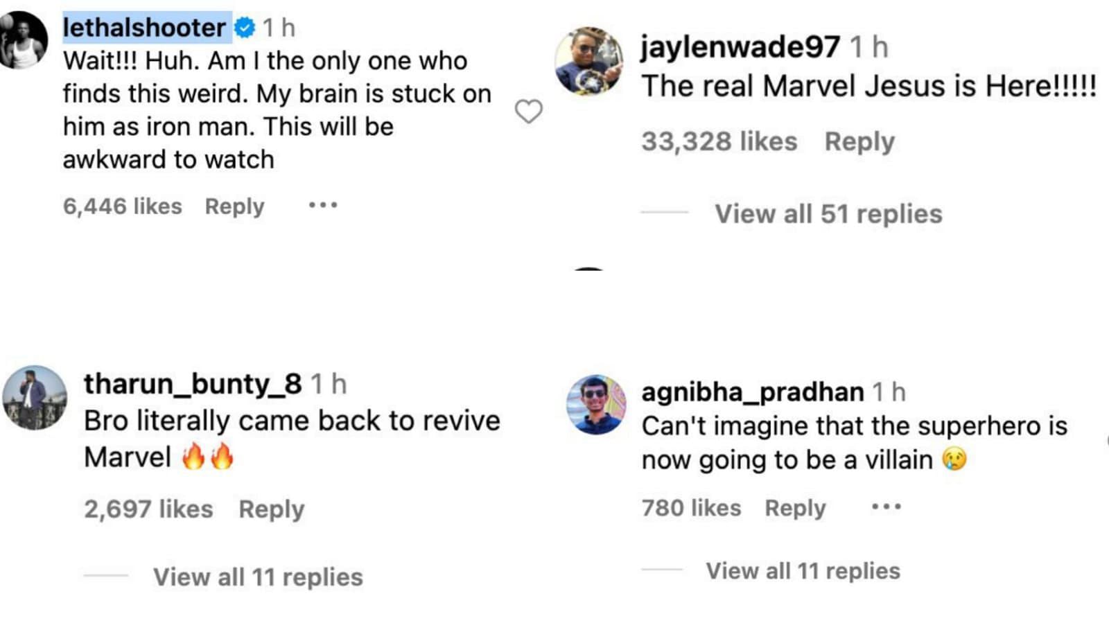 Comments by fans on Marvel&#039;s Instagram Post (Image via Instagram/marvelstudios)