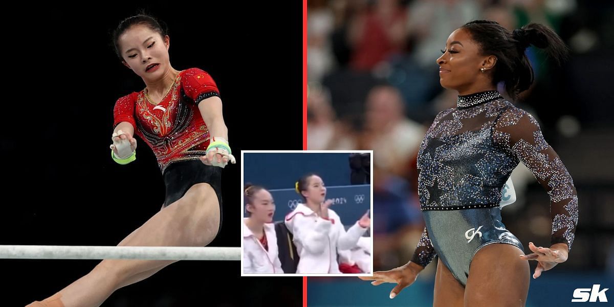 Simone Biles leaves Zhang Yihan in awe with her floor routine in the qualification round at Paris Olympics. (Source:Getty Images, Inset by X)