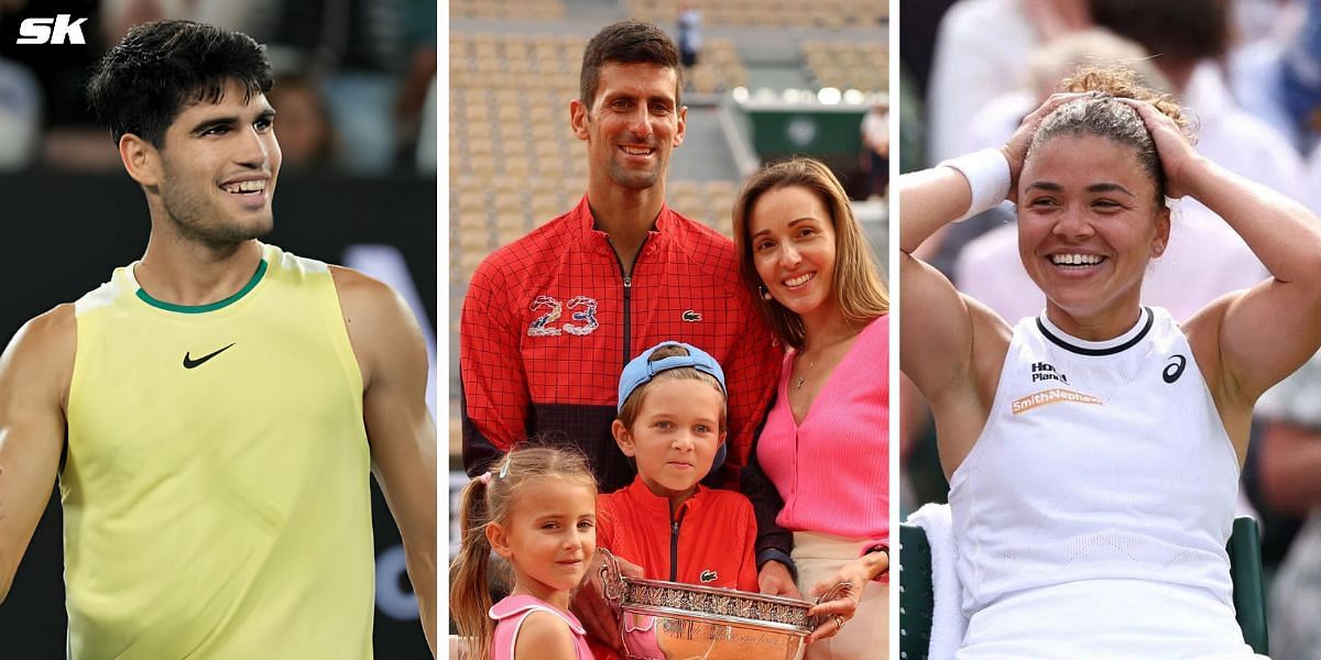 (Left to Right) Carlos Alcaraz, Novak Djokovic and family, Jasmine Paolini (Source: Getty Images)