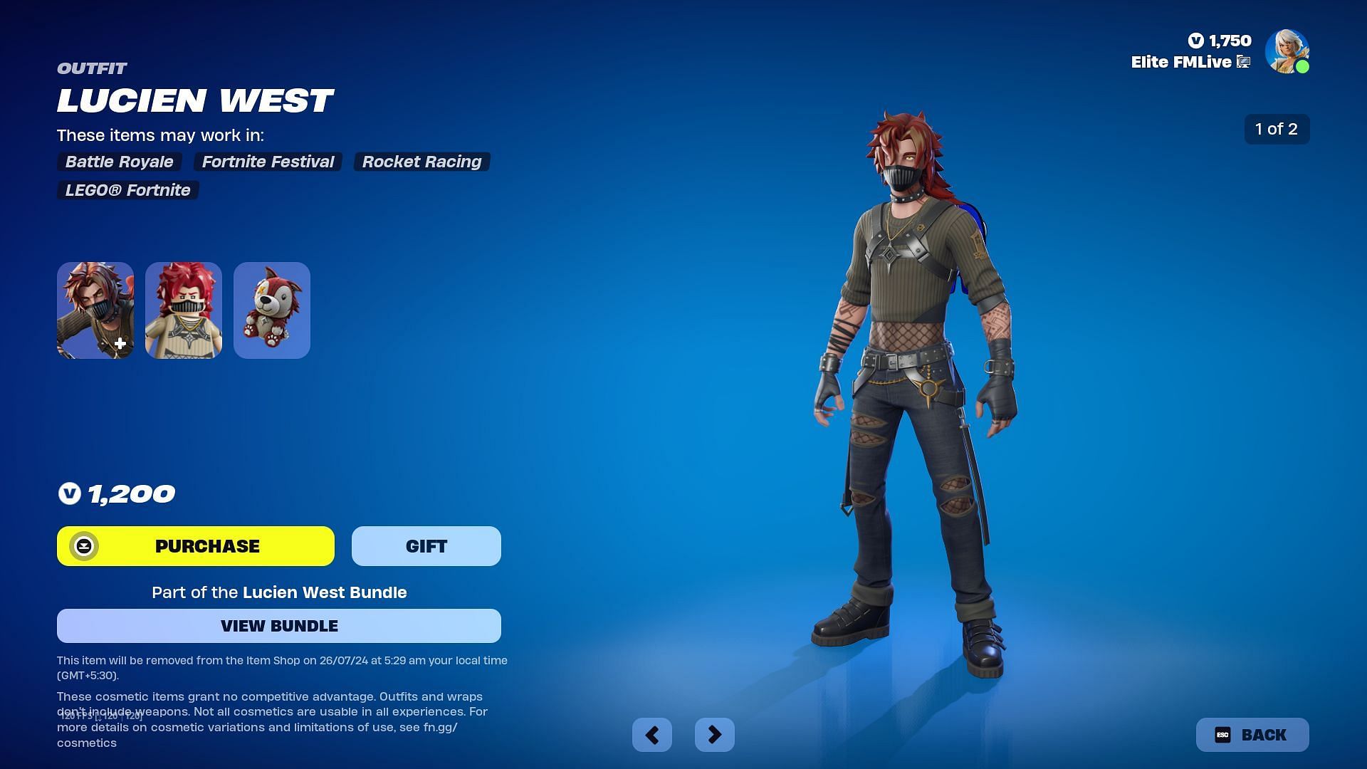 The Lucien West skin in Fortnite is paired with a Back Bling and LEGO Style when purchased separately (Image via Epic Games)