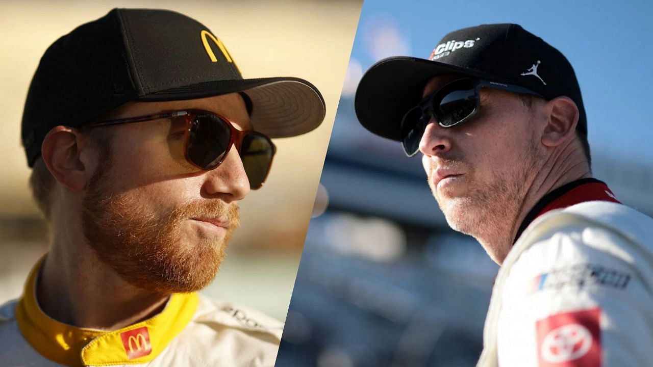 23XI driver Tyler Reddick(L) comments on competing with co-owner of his team, Denny Hamlin(R), at the Brickyard 400