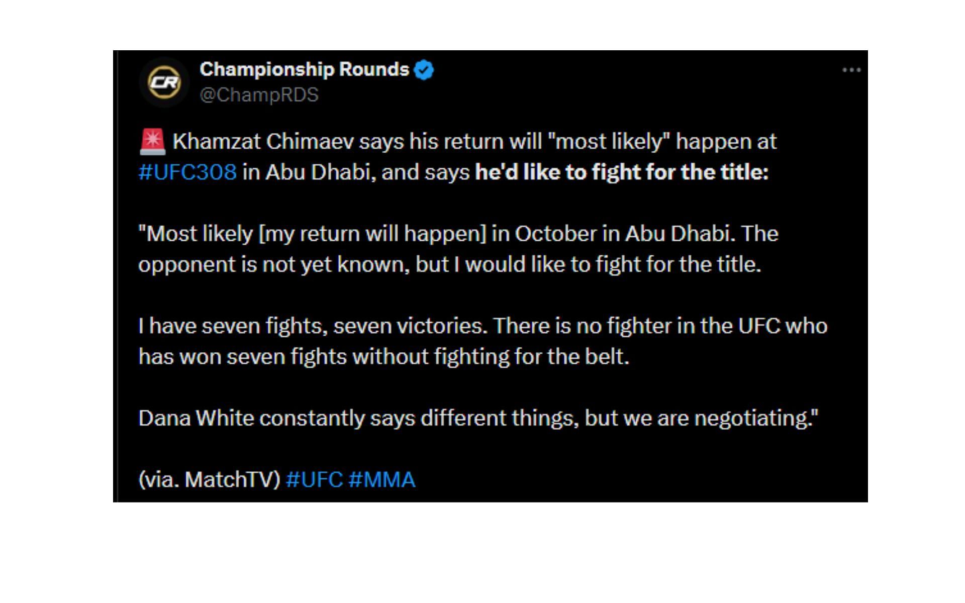 Championship Rounds&#039; tweet regarding Chimaev&#039;s comments [Image courtesy: @ChampRDS - X]