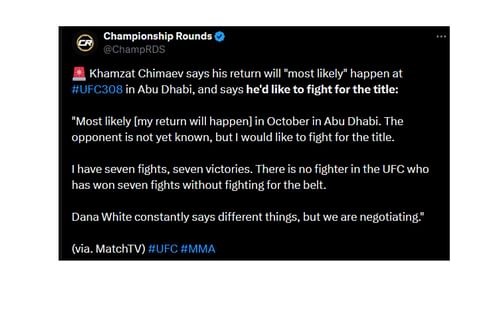 Championship Rounds' tweet regarding Chimaev's comments [Image courtesy: @ChampRDS - X]