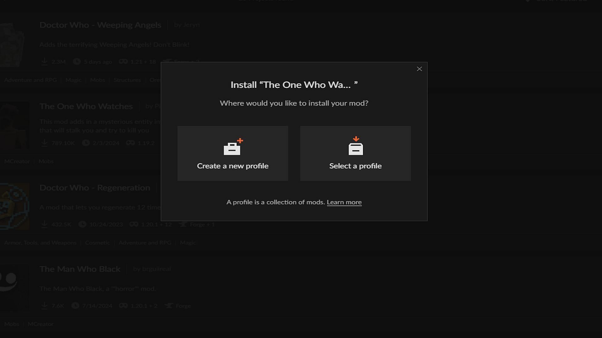 Pick either a new or existing profile depending on what works best for you (Image via CurseForge)