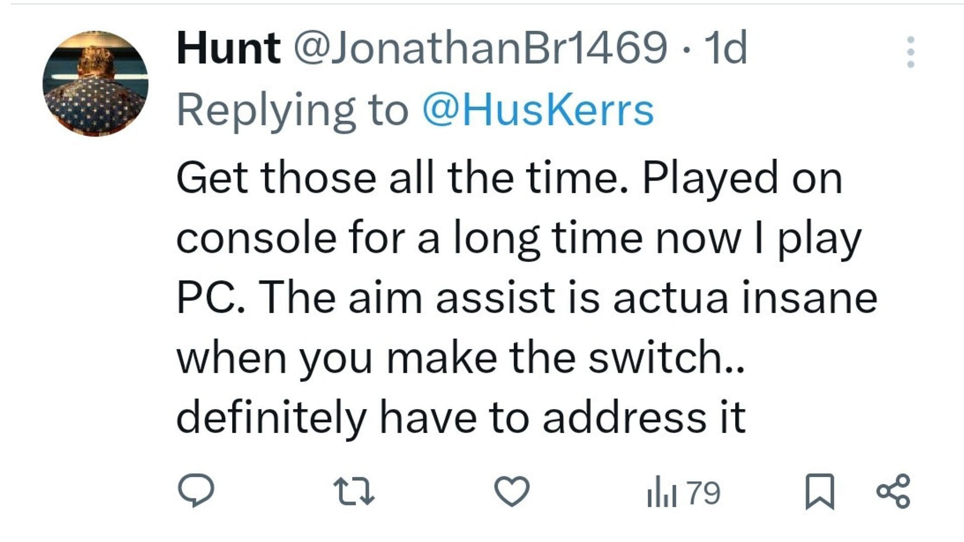 User @JonathanBr1469 praises the aim assist mechanism in the game (Image via X)
