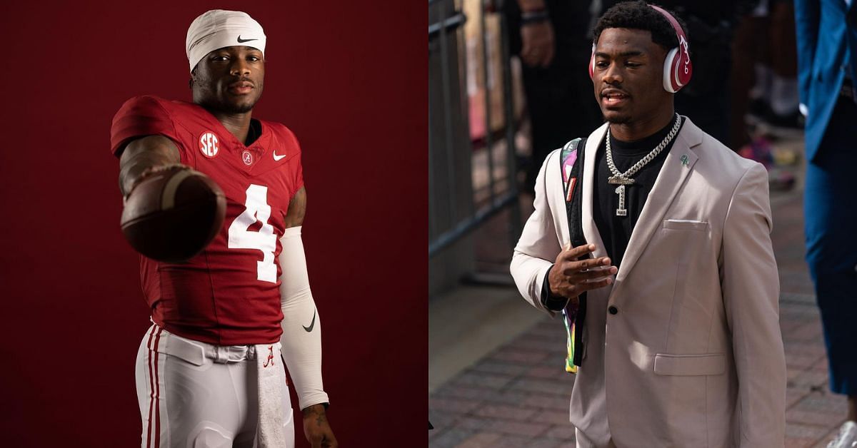 PHOTO: $1.7M NIL-valued Jalen Milroe rocks dashing black suit with diamond-studded necklace during 2024 SEC Media Days