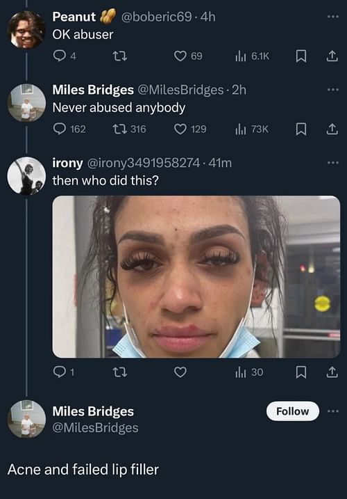 Bridges responds to fans' accusing him of beating his wife (Image: Miles Bridges' X)