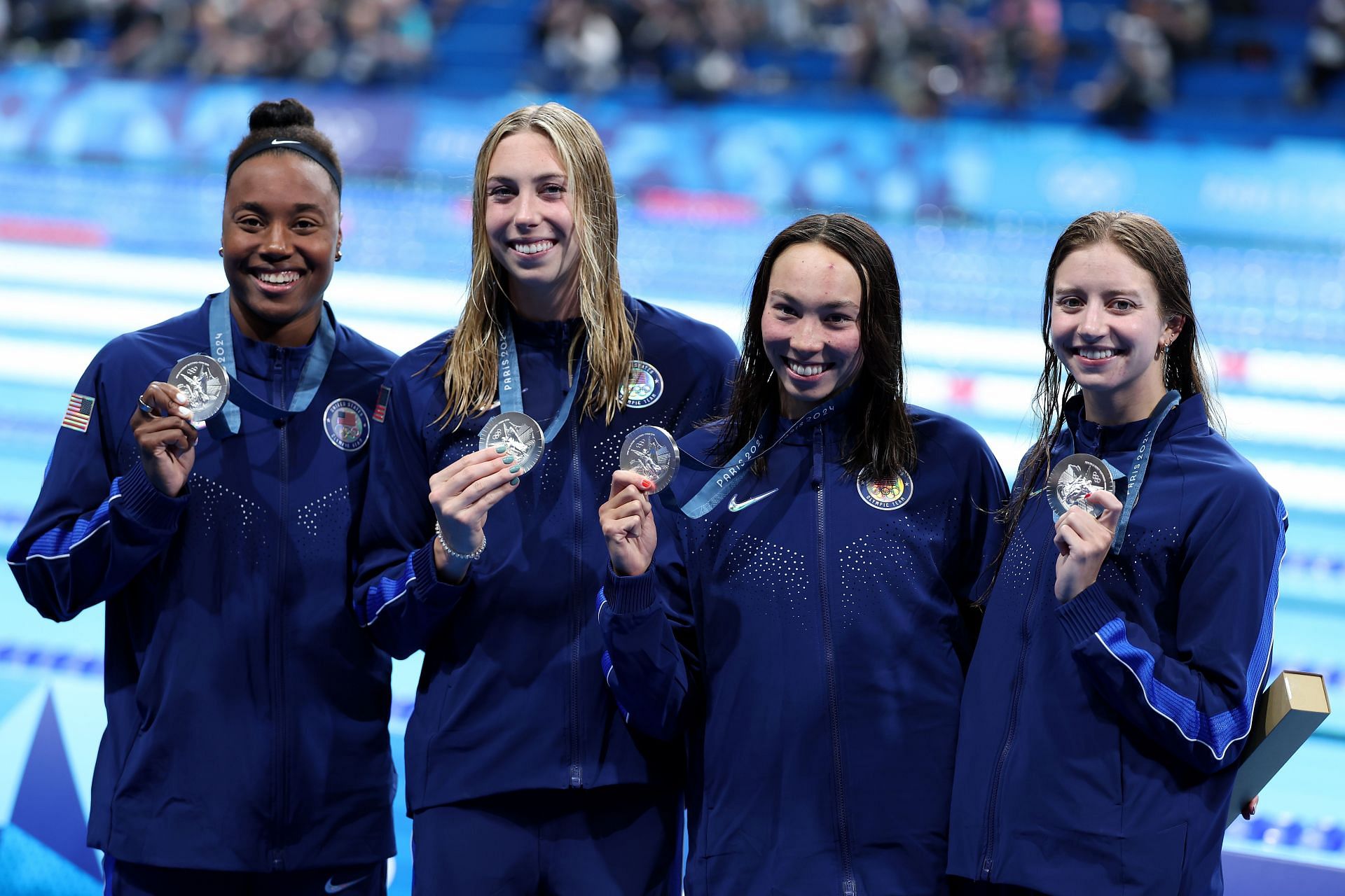 Silver Medalists, Kate Douglass, Gretchen Walsh, Torri Huske and Simone Manuel of Team United States pose with their medals after the Women&#039;s 4x100m Freestyle Relay Final at the Olympic Games Paris 2024 in France. (Photo by Getty Images)