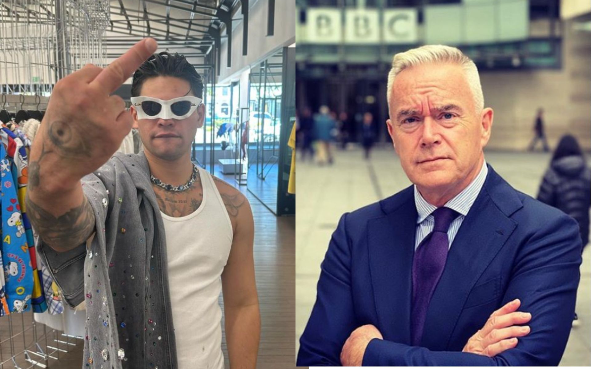 Ryan Garcia (left) reacts to recent charges of indecent photos of children on Huw Edwards (right). [Image credit: @kingryan and @dothehuy on Instagram]