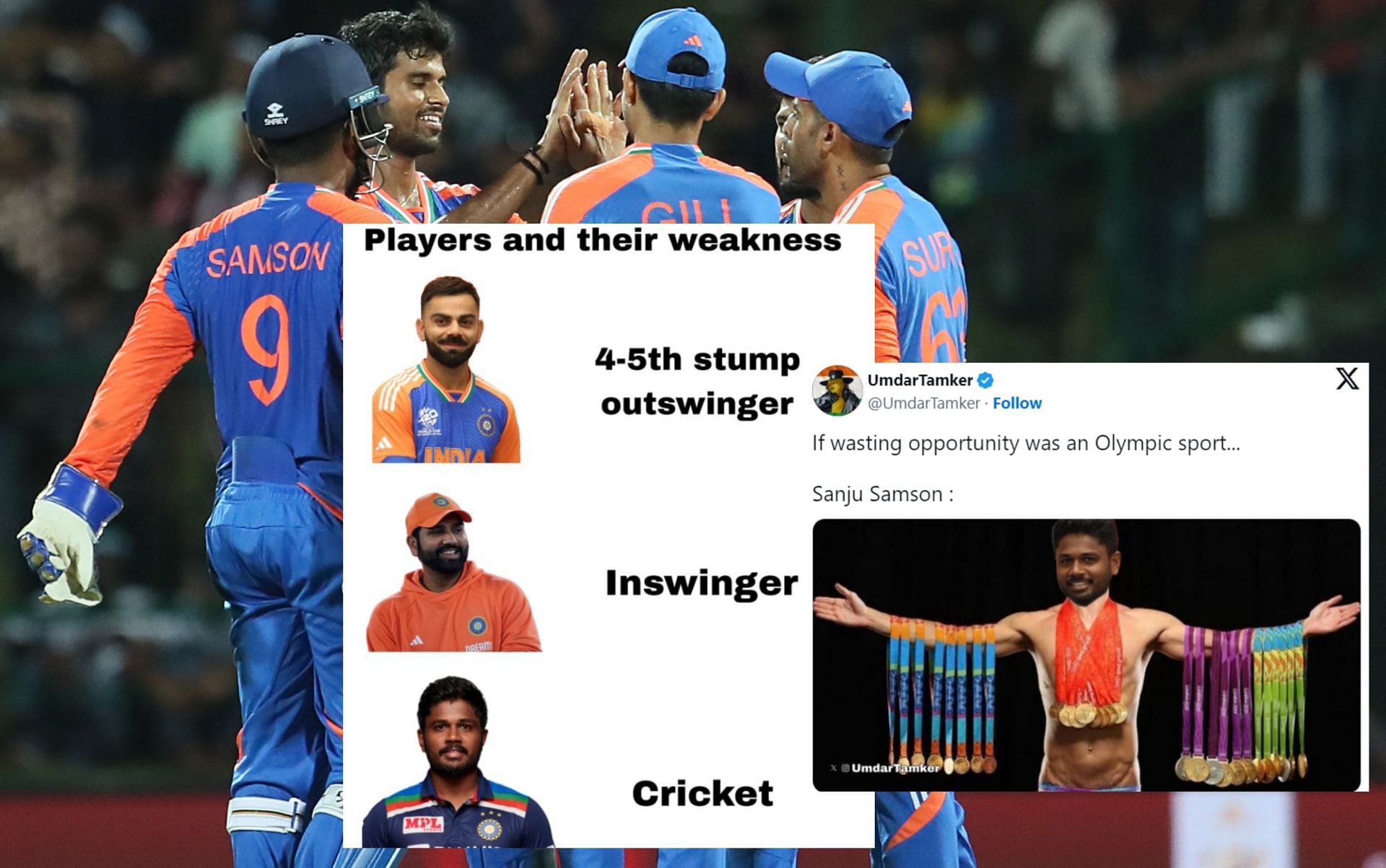 Fans react after Sanju Samson fails to perform in Sri Lanka series. (Image: BCCI, @ankit_acerbic, @UmdarTamker/X)