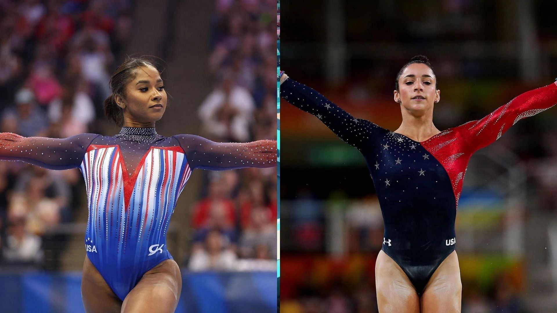 Jordan Chiles (L) and Aly Raisman (L) in action 