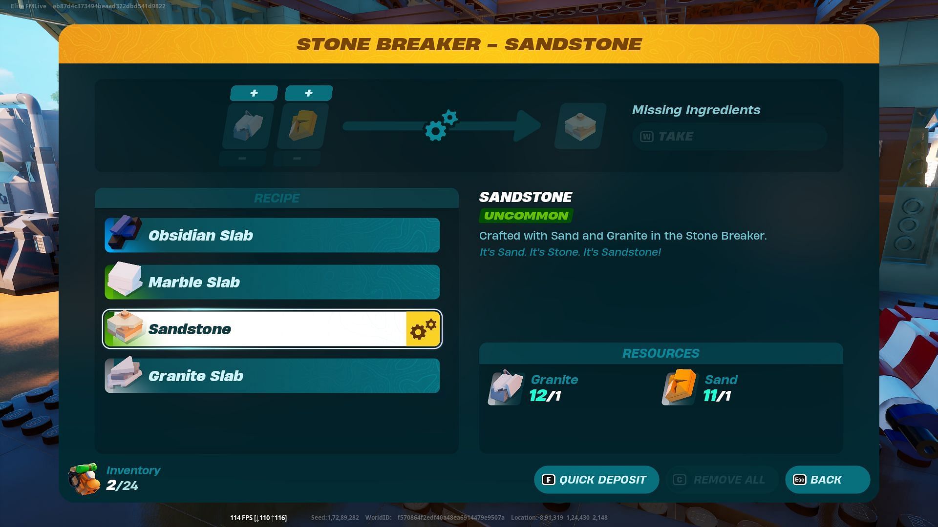 Craft Sandstone using Sand and Granite in the Stone Breaker (Image via Epic Games)