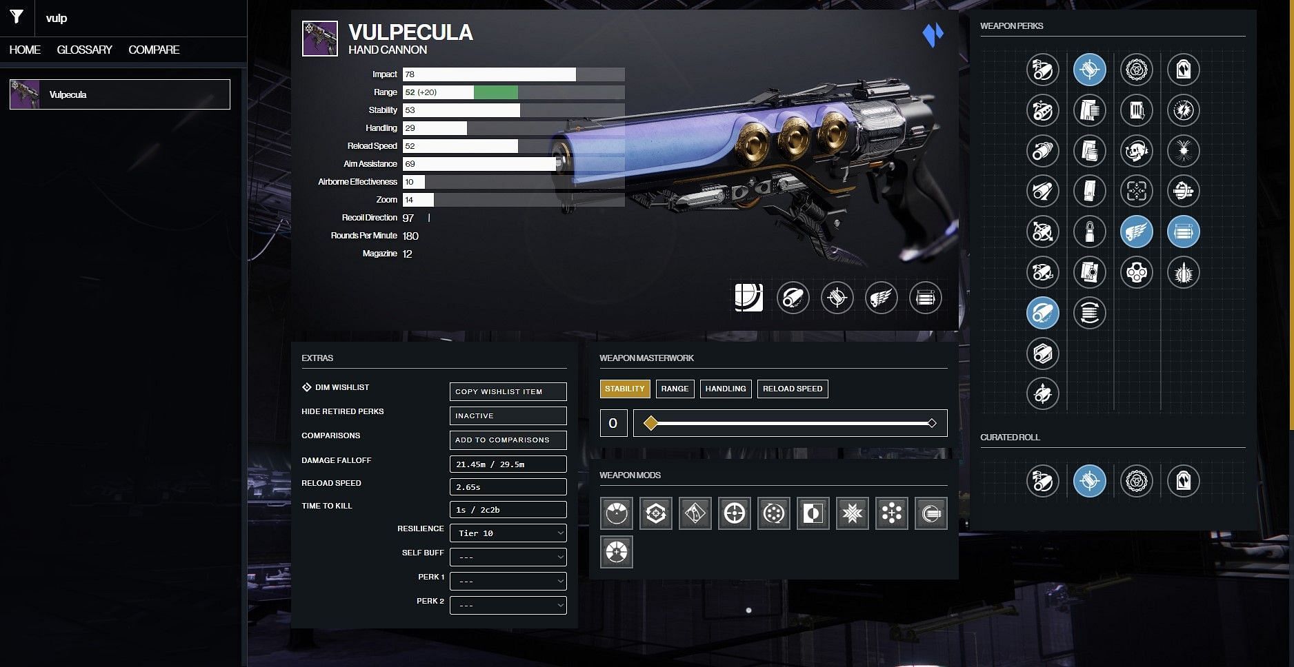 Vulpecula god roll guide in Destiny 2 PvP (Image via D2Gunsmith)