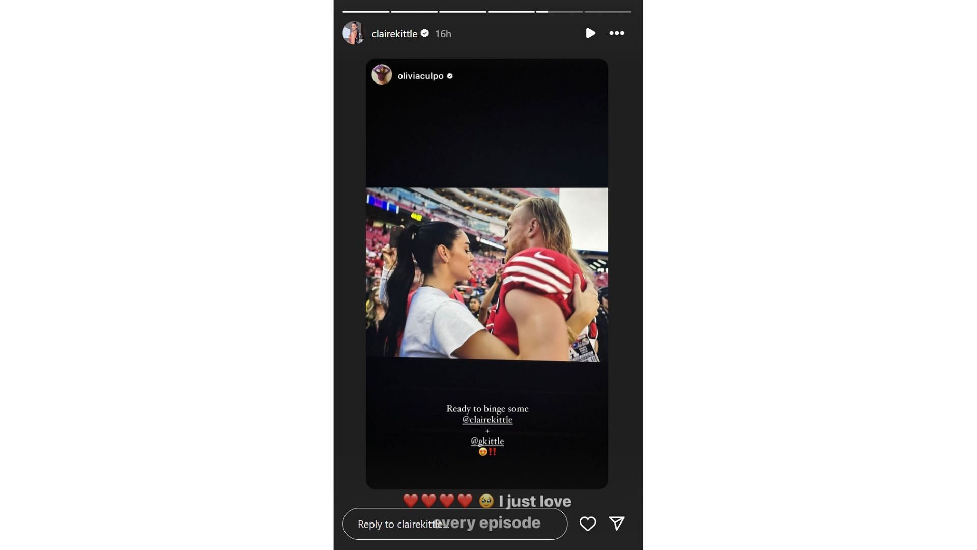 Olivia Culpo is ready to binge Netflix's Receiver while cheering for friends Claire and George Kittle [Image credit: @clairekittle]