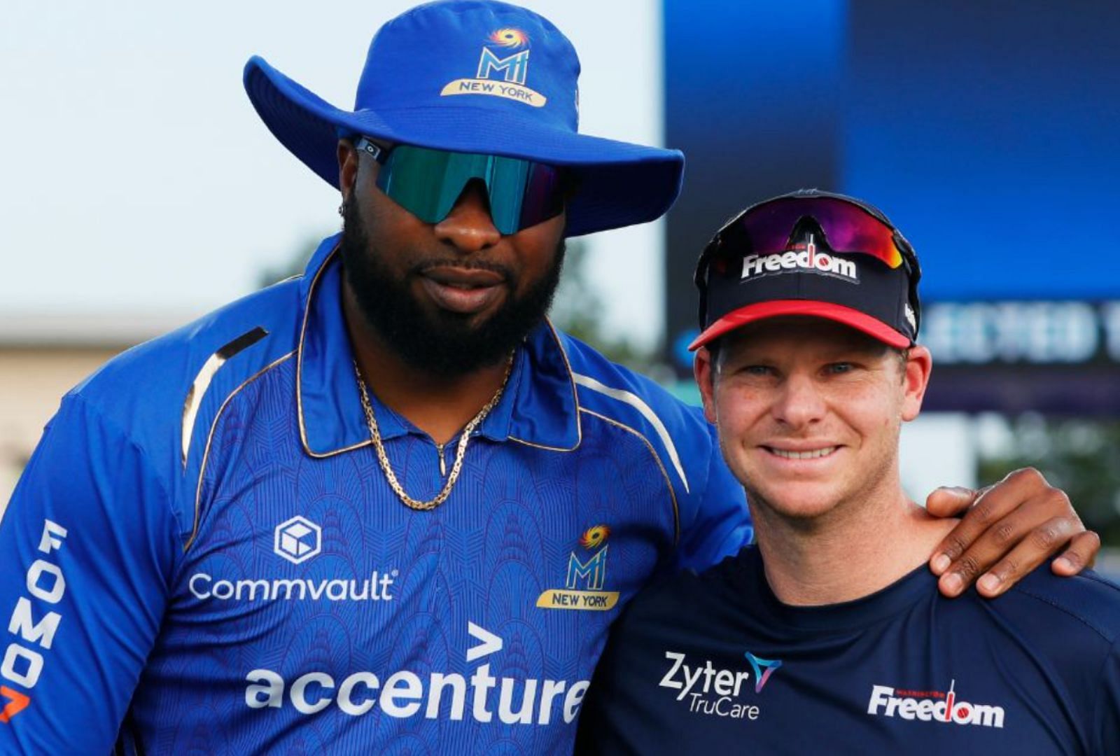 Kieron Pollard (L) and Steven Smith ahead of the MLC game today. (PC: @MINYCricket on X)