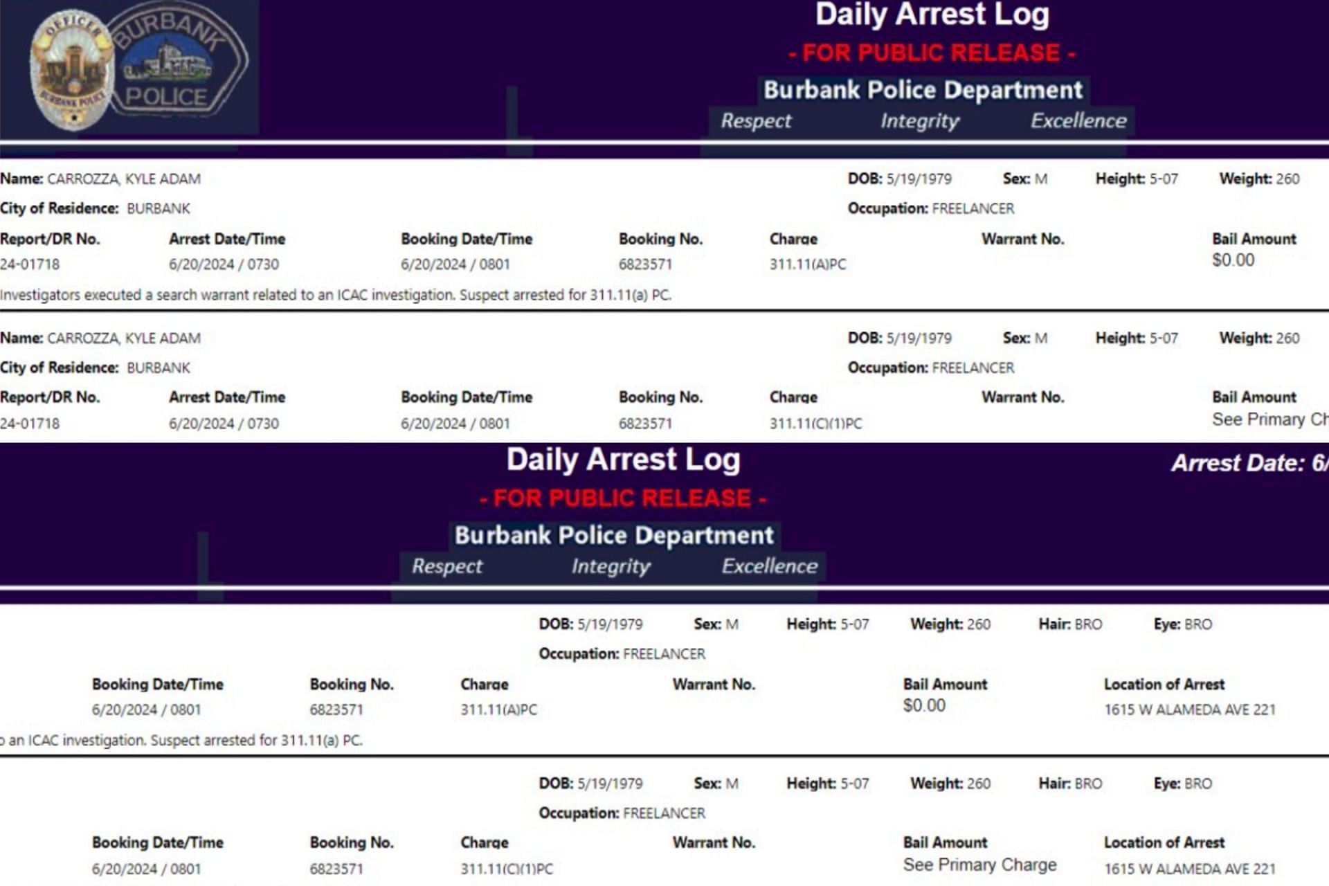 Arrest report of animator surfaces online (Image via X)