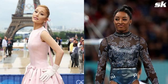 Ariana Grande cheers Simone Biles during the qualification round at the 2024 Paris Olympics