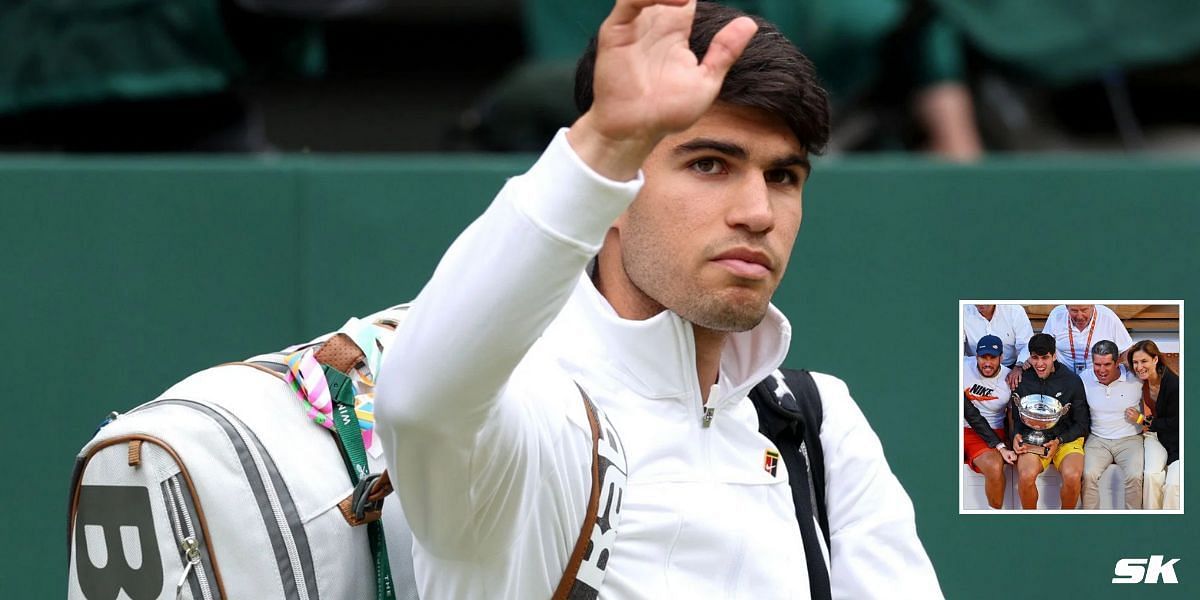 Carlos Alcaraz pictured at the 2024 Wimbledon Championships, (inset) with his family at the 2024 French Open (Image Source: Getty)