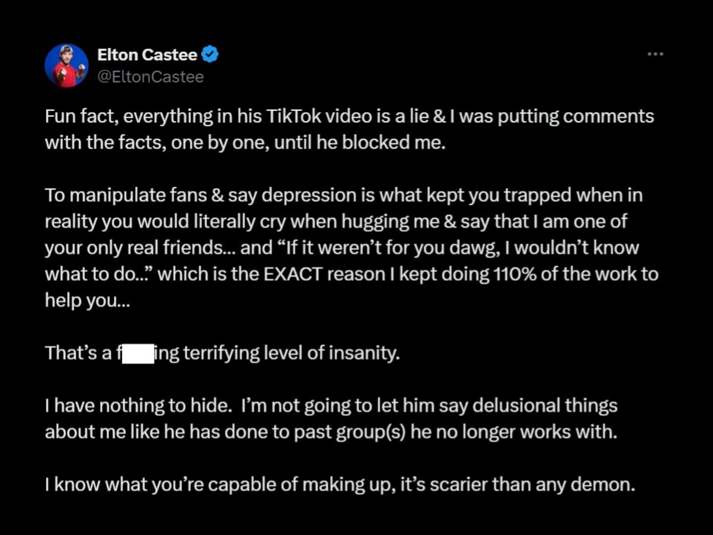 Elton Castee&#039;s tweet about Corey Scherer&#039;s response to his YouTube video. (Image via X/@EltonCastee)