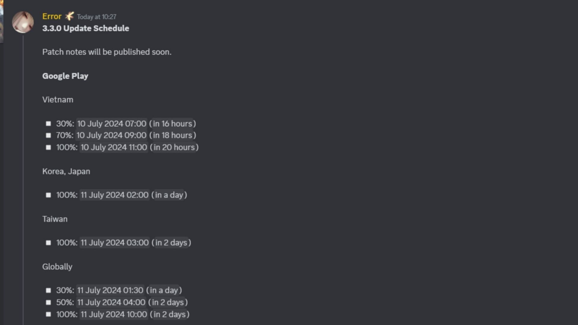 PUBG Mobile 3.3 update release schedule for Android devices (Image via Discord/PUBG Mobile)