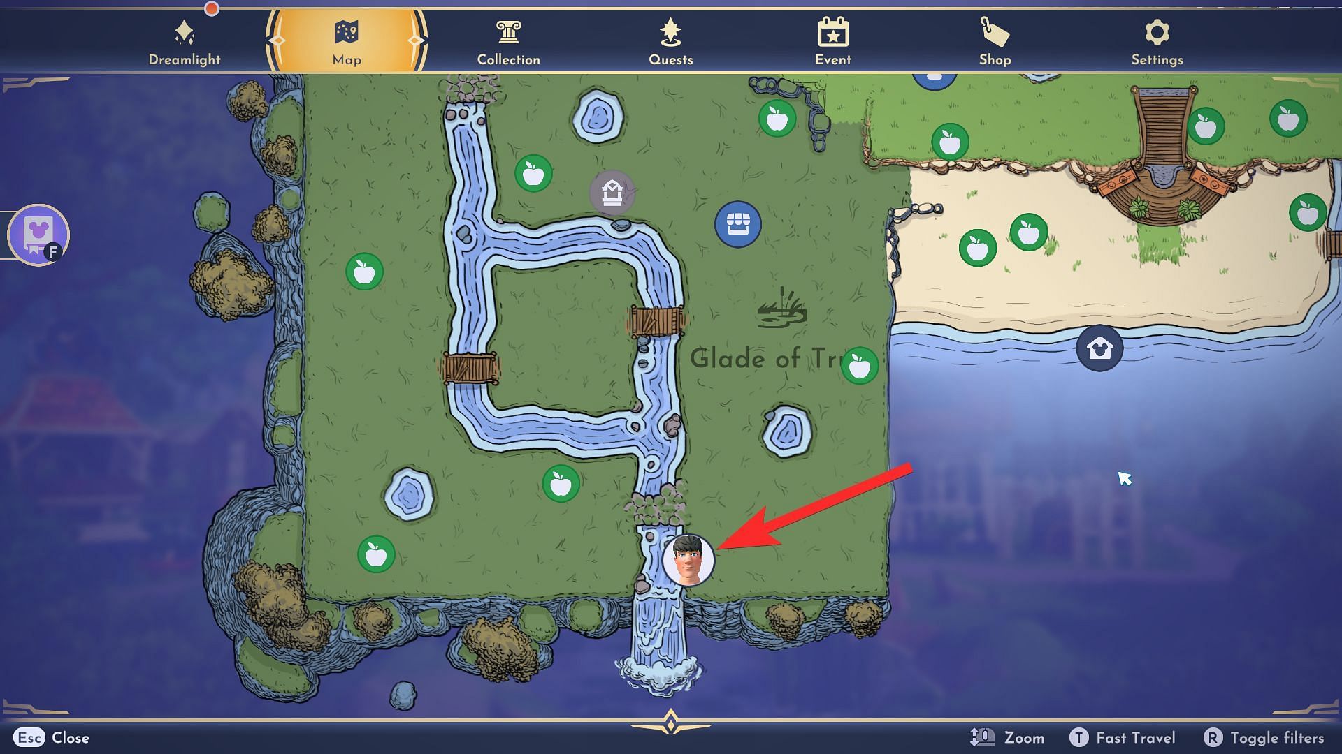 Falling Water location on the map (Images via Gameloft)