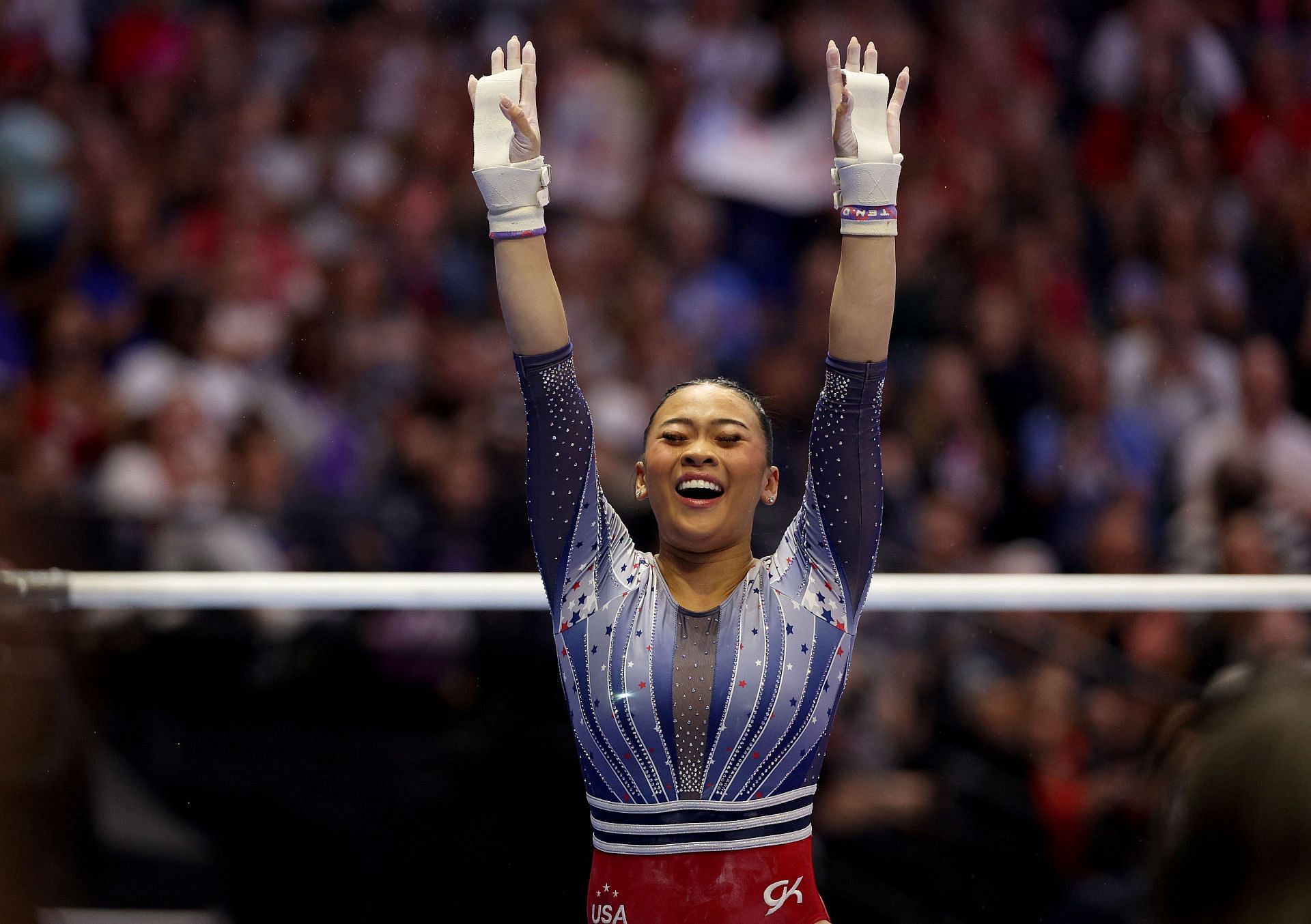 Suni Lee reacts at U.S. Olympic Team Gymnastics Trials (Photo by Elsa/Getty Images)