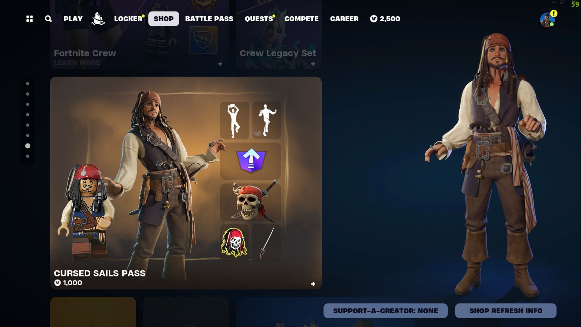 The Fortnite x Pirates of the Caribbean Cursed Sails Pass is available in the Item Shop (Image via Epic Games)