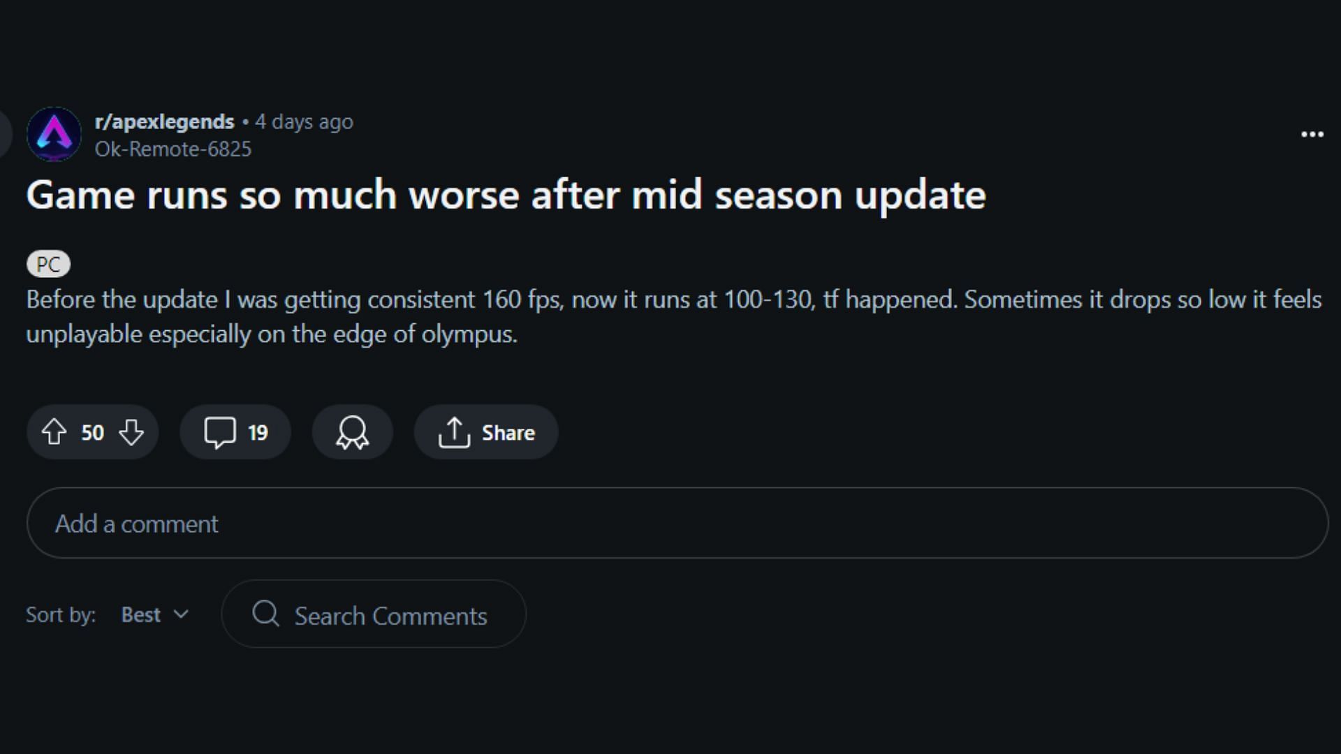 Performance issues have affected gameplay experience in Apex Legends (Image via Reddit)