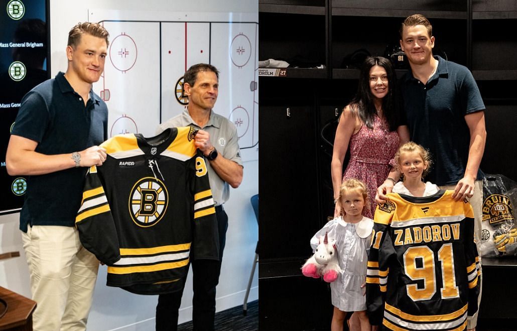 Nikita Zadorov received his number 91 Boston Bruins jersey for GM Don Sweeney (Credit: Zadorov