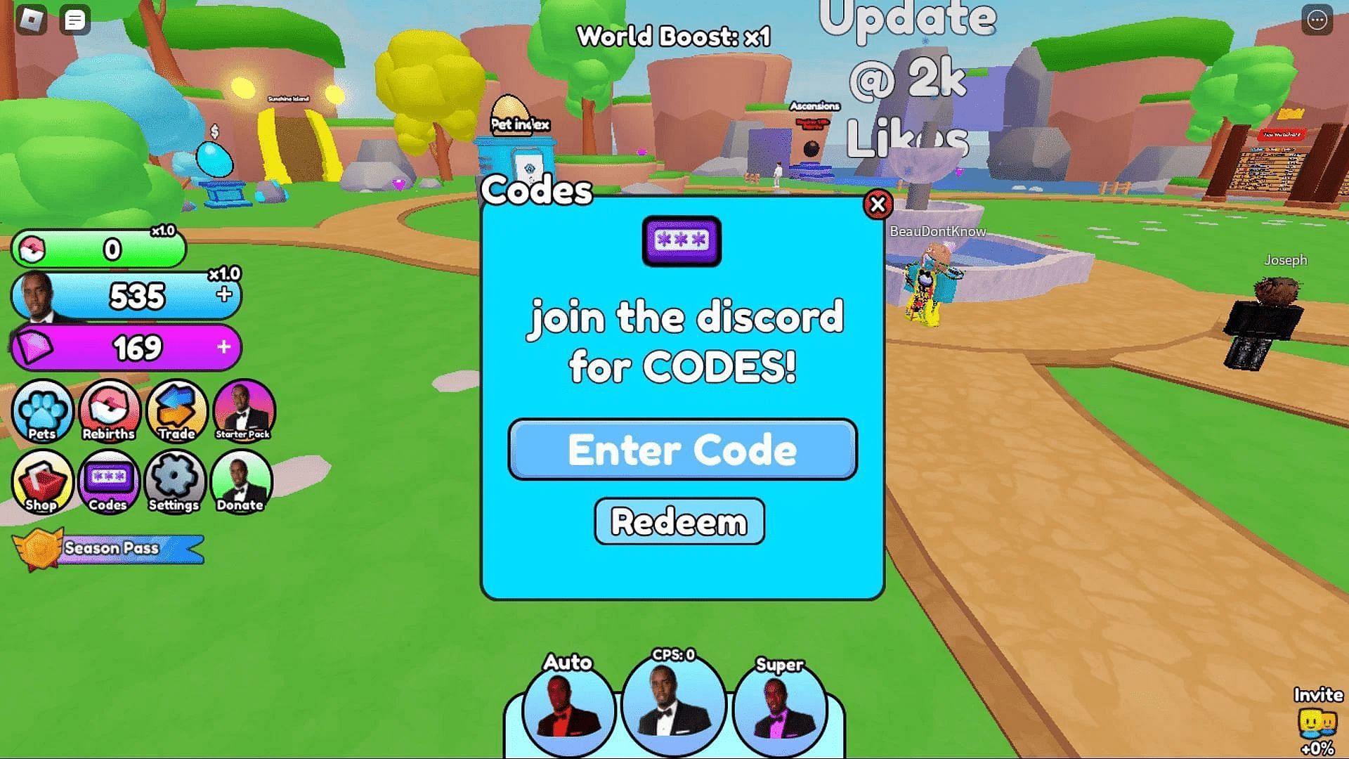 Redeem codes in Diddy Simulator (Image via Roblox)