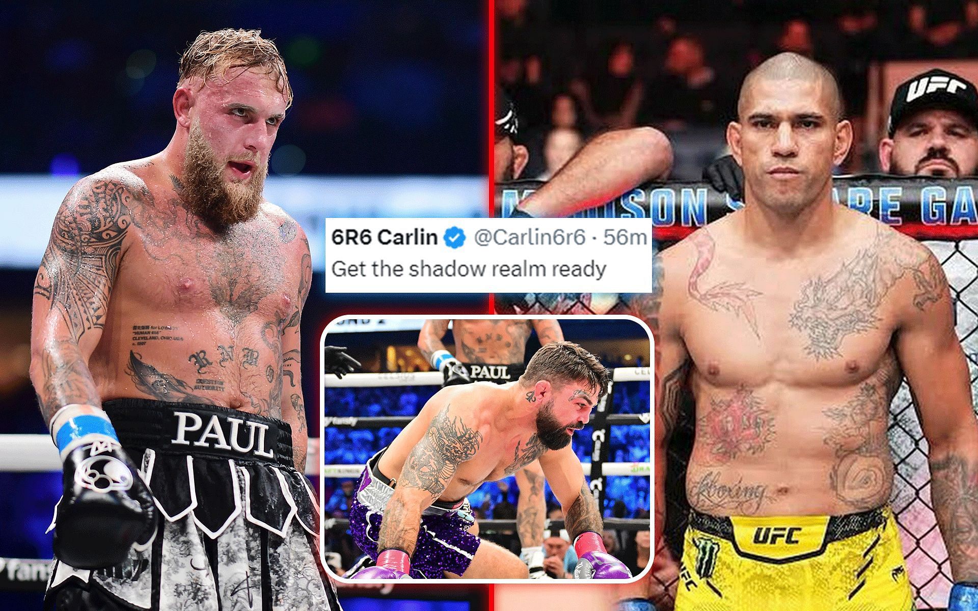 Jake Paul (left) calls out Alex Pereira (right) following KO win against Mike Perry (inset). [Images courtesy: @alexpoatanpereira on Instagram and Getty]