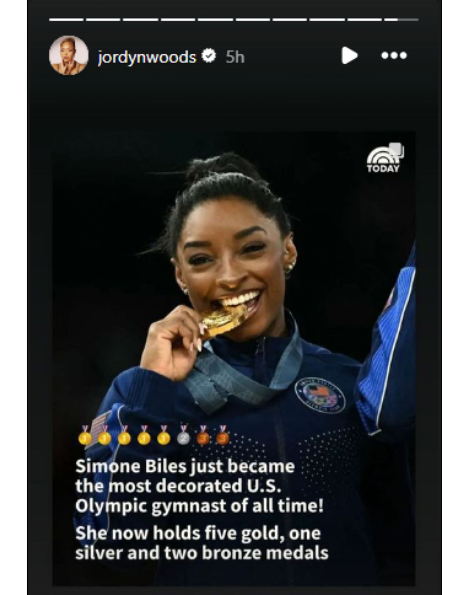 Karl-Anthony Town&#039;s girlfriend Jordyn Woods fetes Simone Biles on her IG story.