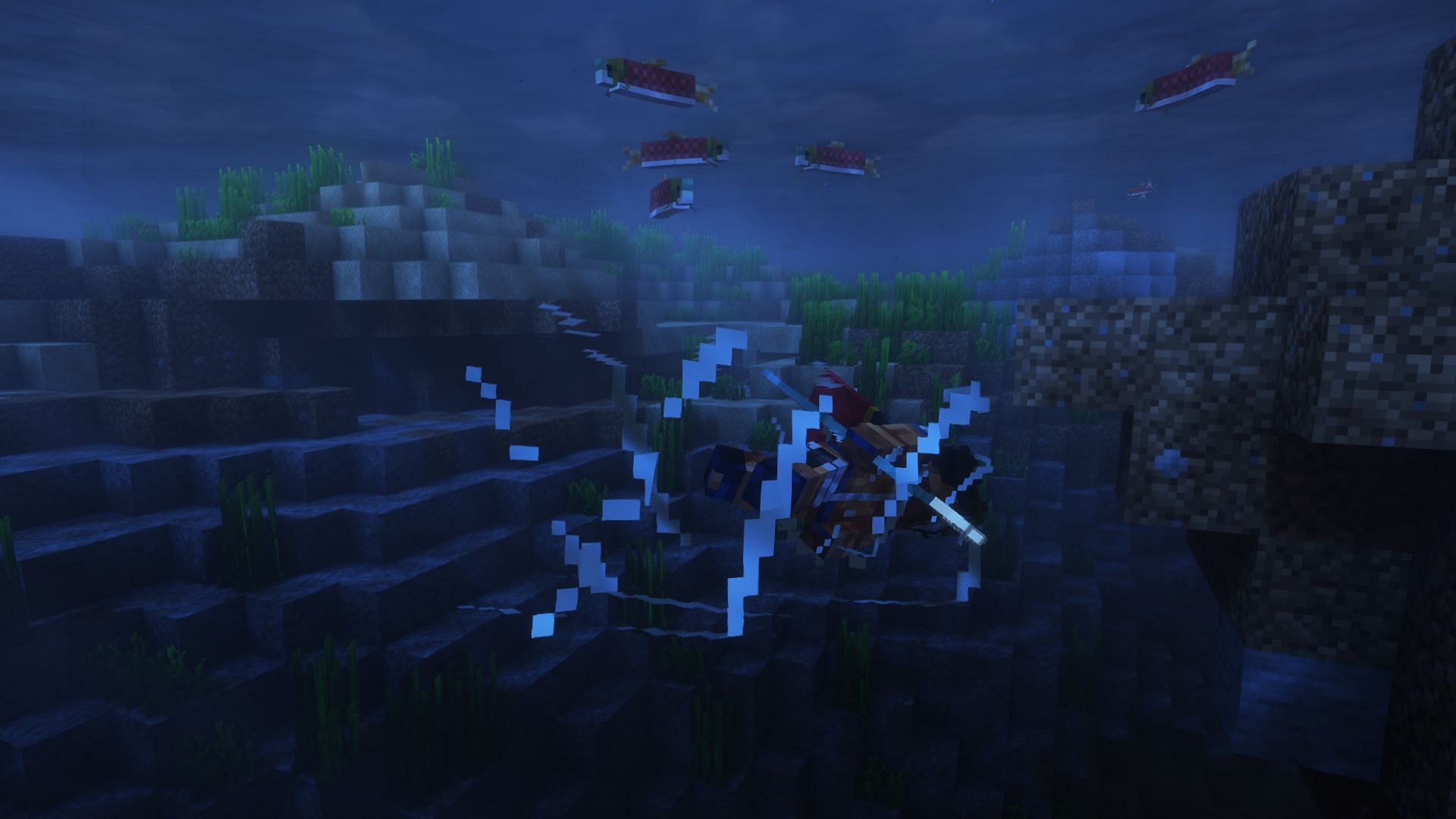 Using riptide to move quickly underwater (Image via Mojang)