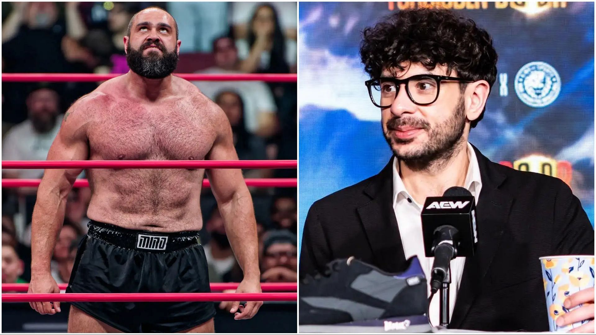 Miro standing tall in the AEW ring, Tony Khan at the Forbidden Door post-show scrum