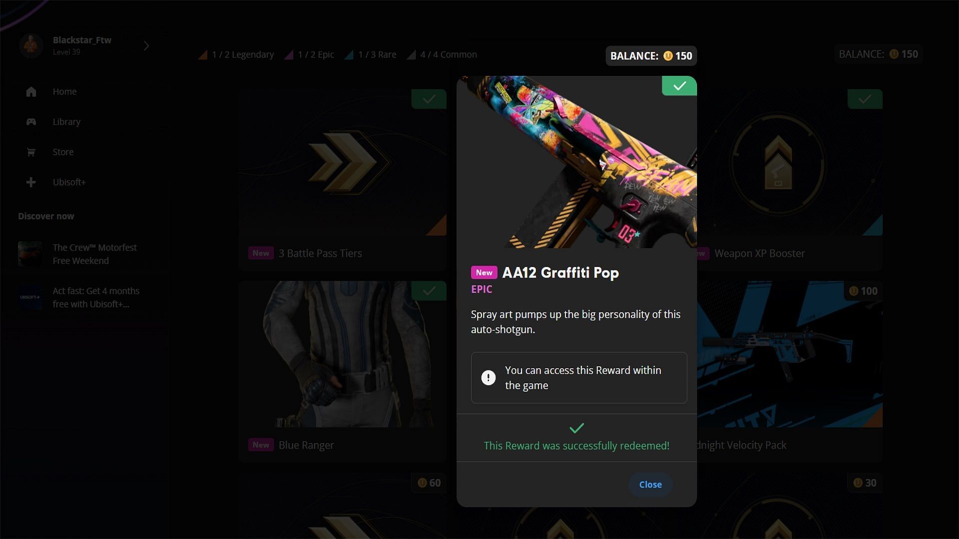 Claiming the free AA12 Graffiti Pop Skin in XDefiant via Ubisoft Connect (Image via Ubisoft)