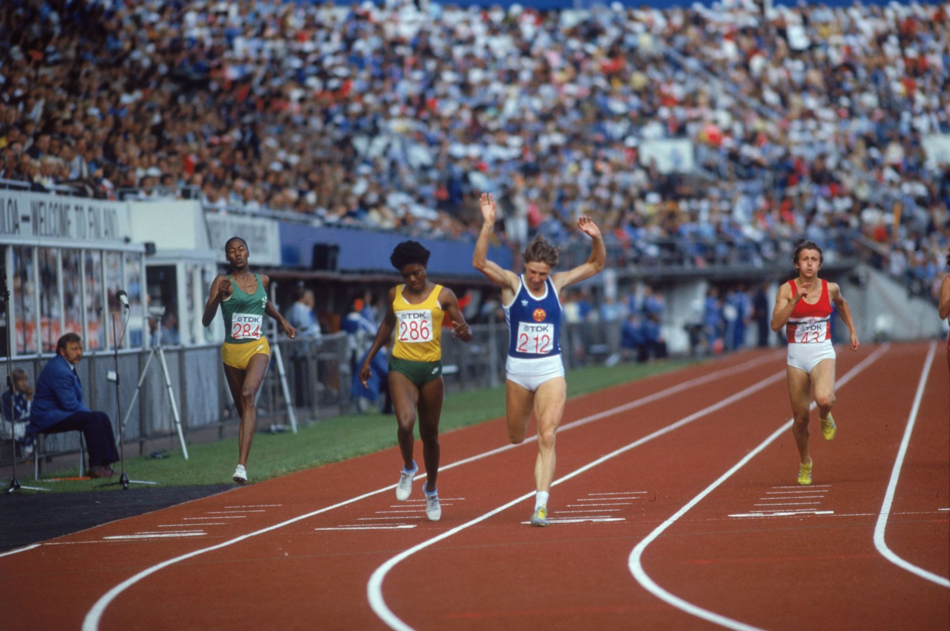 Marita Koch [2nd from Right] in action at Helsinki World Championships 1983 [Image Source: Getty]