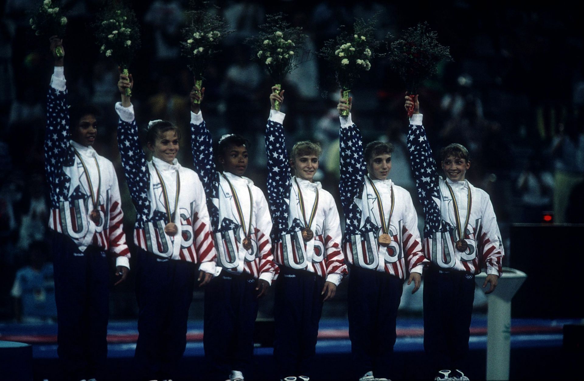 Kerri Strug along with the bronze medalist USA women&#039;s gymnastics team at the Barcelona Olympics 1992 [Image Source: Getty]