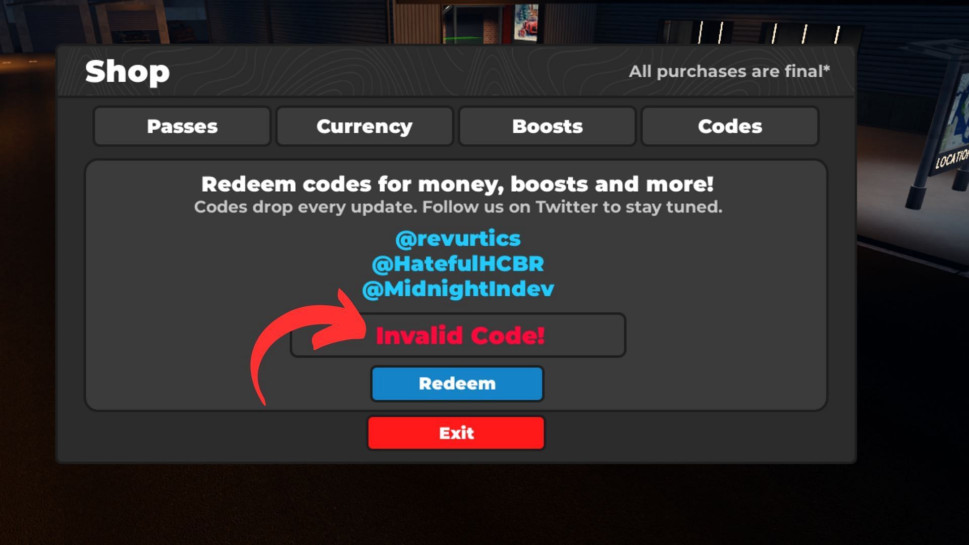 Midnight Chasers Highway Racing invalid code issue (Image via Roblox || Sportskeeda)