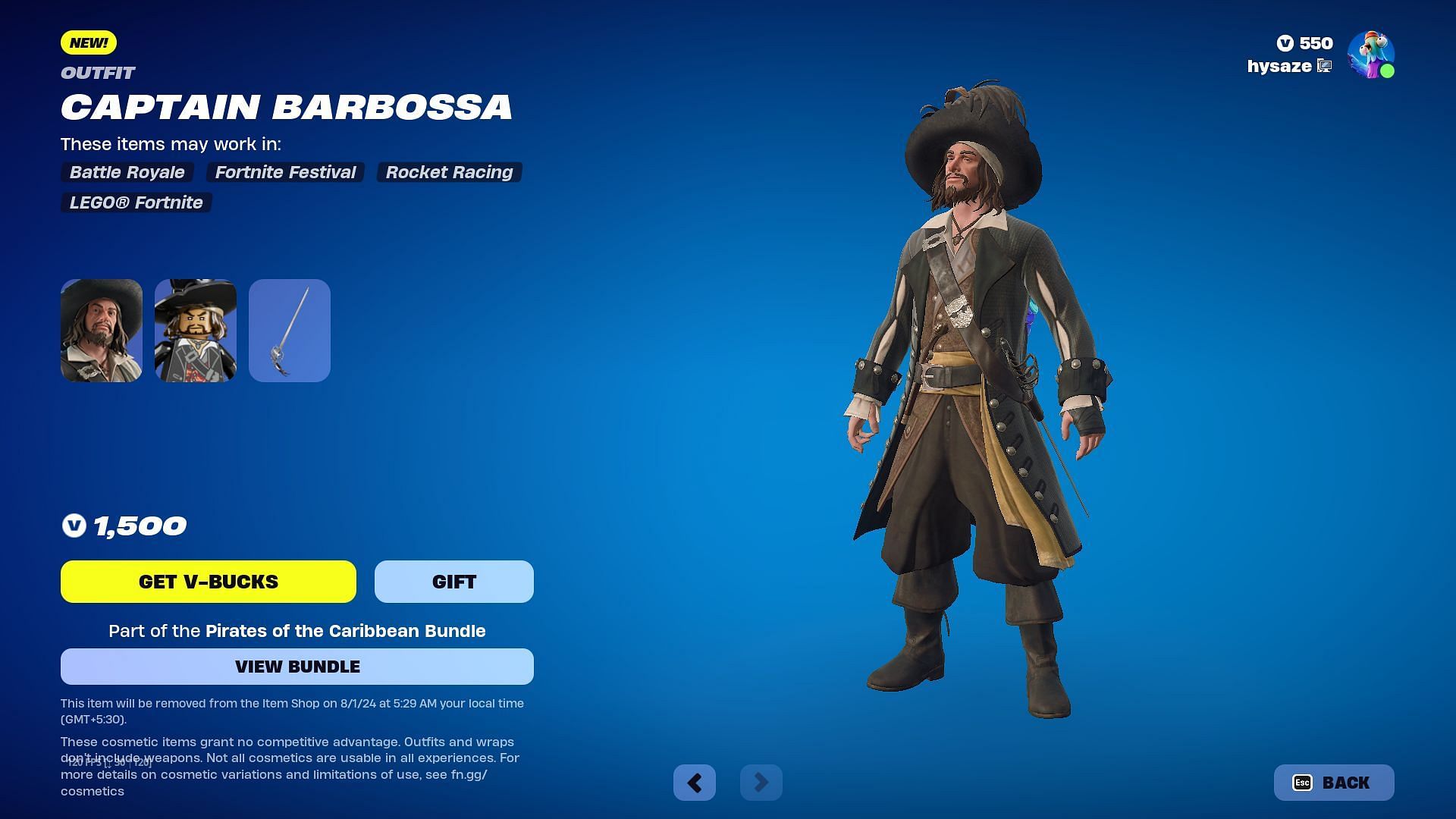 Pirates of the Caribbean skins in Fortnite will remain listed until August 1, 2024 (Image via Epic Games)