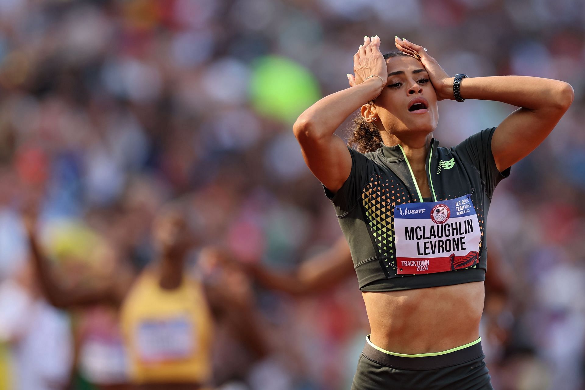 Sydney McLaughlin Levrone in absolute disbelief after breaking her own record at the U.S. Olympic Track and Field Trials (image source: Getty)