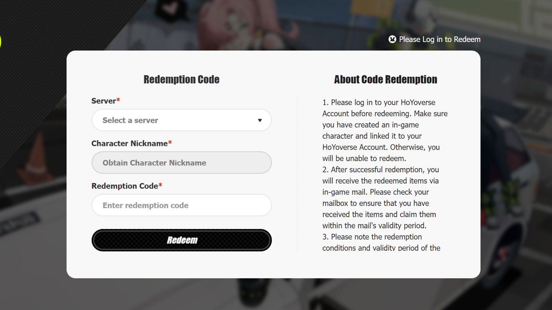 Official code redemption webpage (Image via HoYoverse)