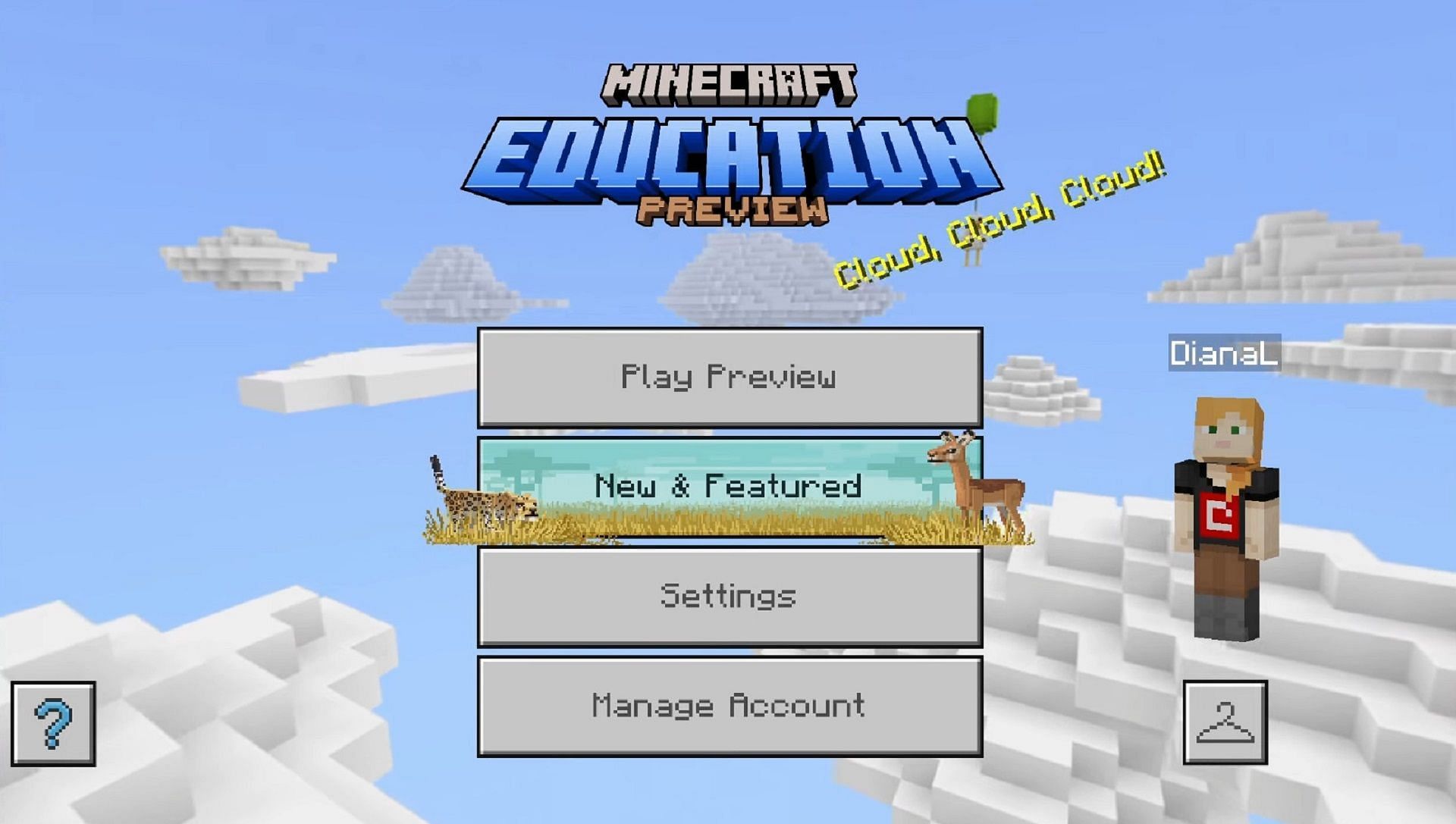 The main menu of the Cloud Update for Minecraft Education Preview (Image via Mojang)