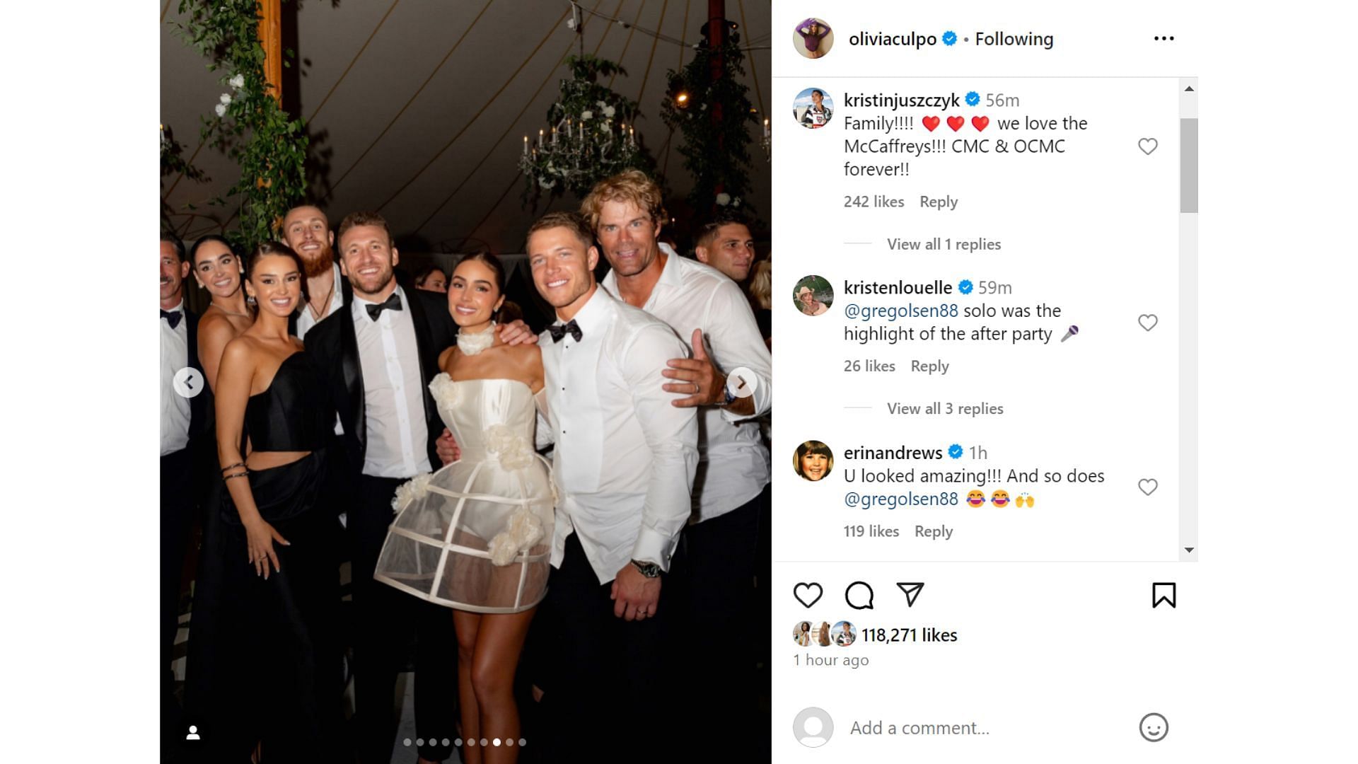 Friends comment on Olivia Culpo&#039;s post celebrating her wedding after-party with Christian McCaffrey (Credit: @oliviaculpo IG)