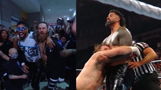 Jey Uso reacts after child gets in his way during WWE RAW entrance