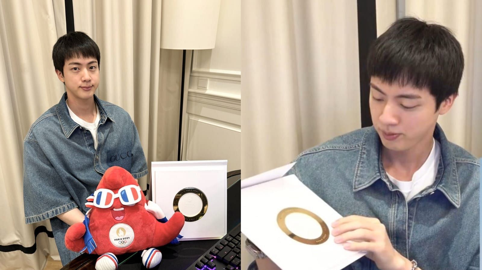 BTS Jin proudly showcases the Olympics certificate and ring he received for torch relay during Weverse live (Image via Weverse)