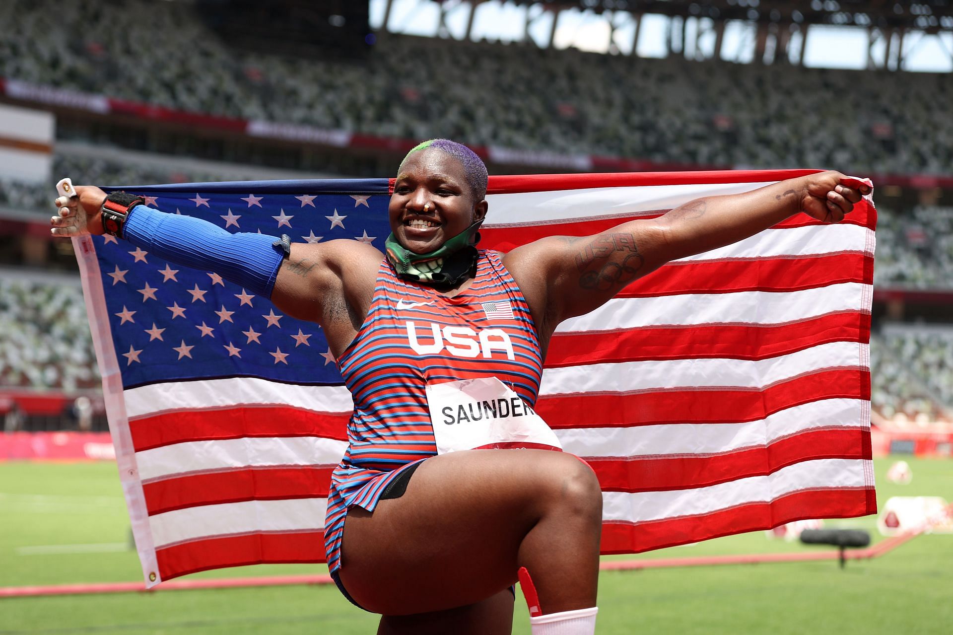 Raven Saunders reacts after winning the silver medal in the Women&#039;s Shot Put Final at the 2020 Olympic Games in Tokyo, Japan. (Photo by Getty Images)