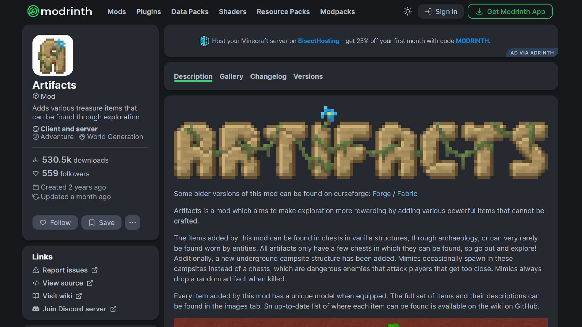 The Artifacts mod is supported by both of Minecraft&#039;s major mod loaders (Image via Ochotonida/Modrinth)