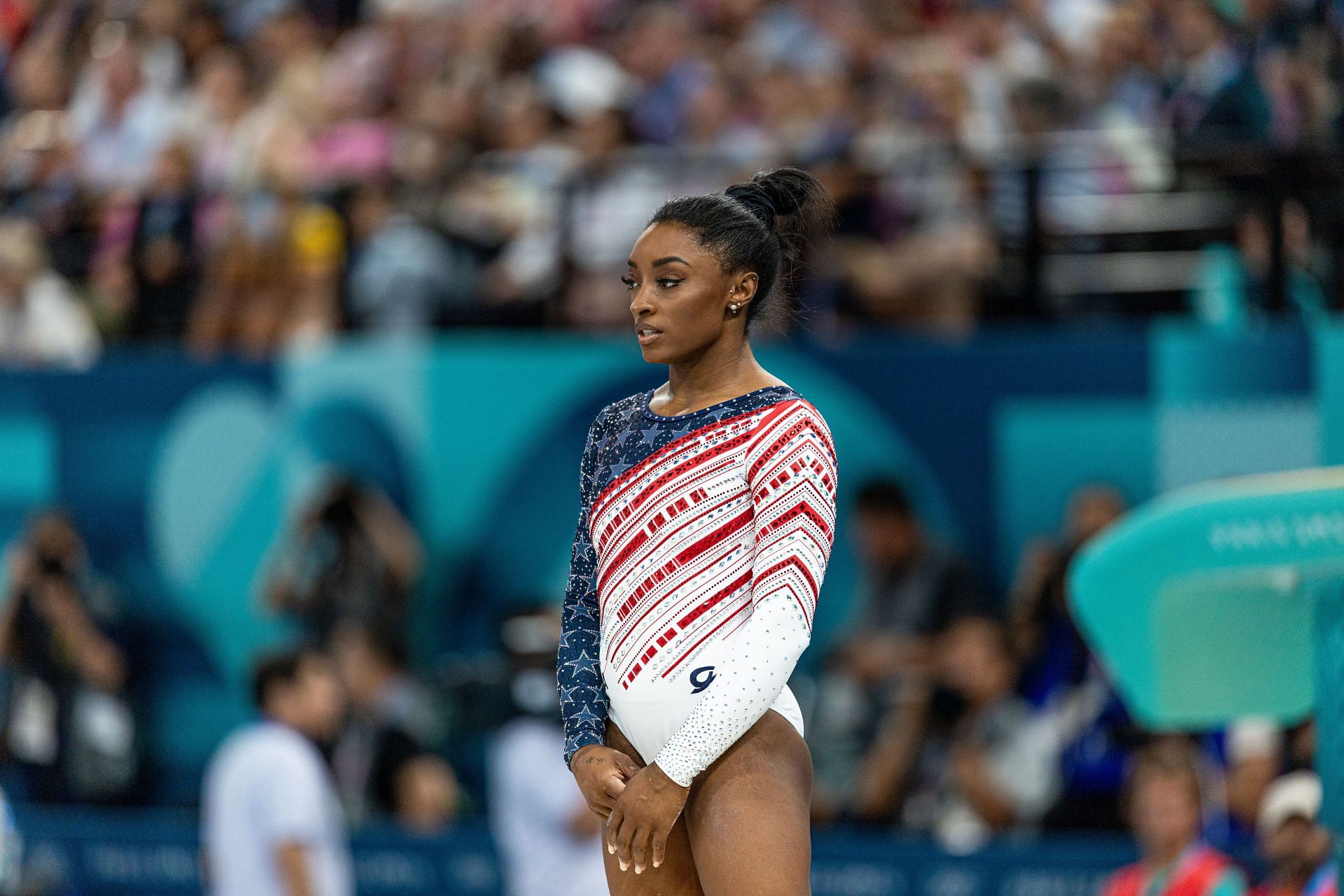 Simone Biles during the Olympic Games Paris 2024 Artistic Gymnastics Women&#039;s Team Final | Getty