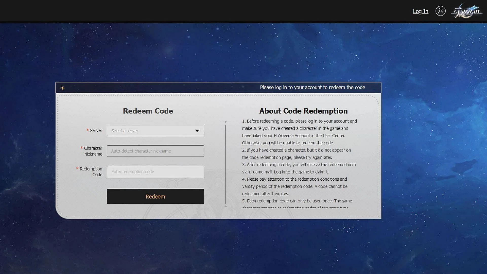 Redeem the HSR code on the official website (Image via HoYoverse)